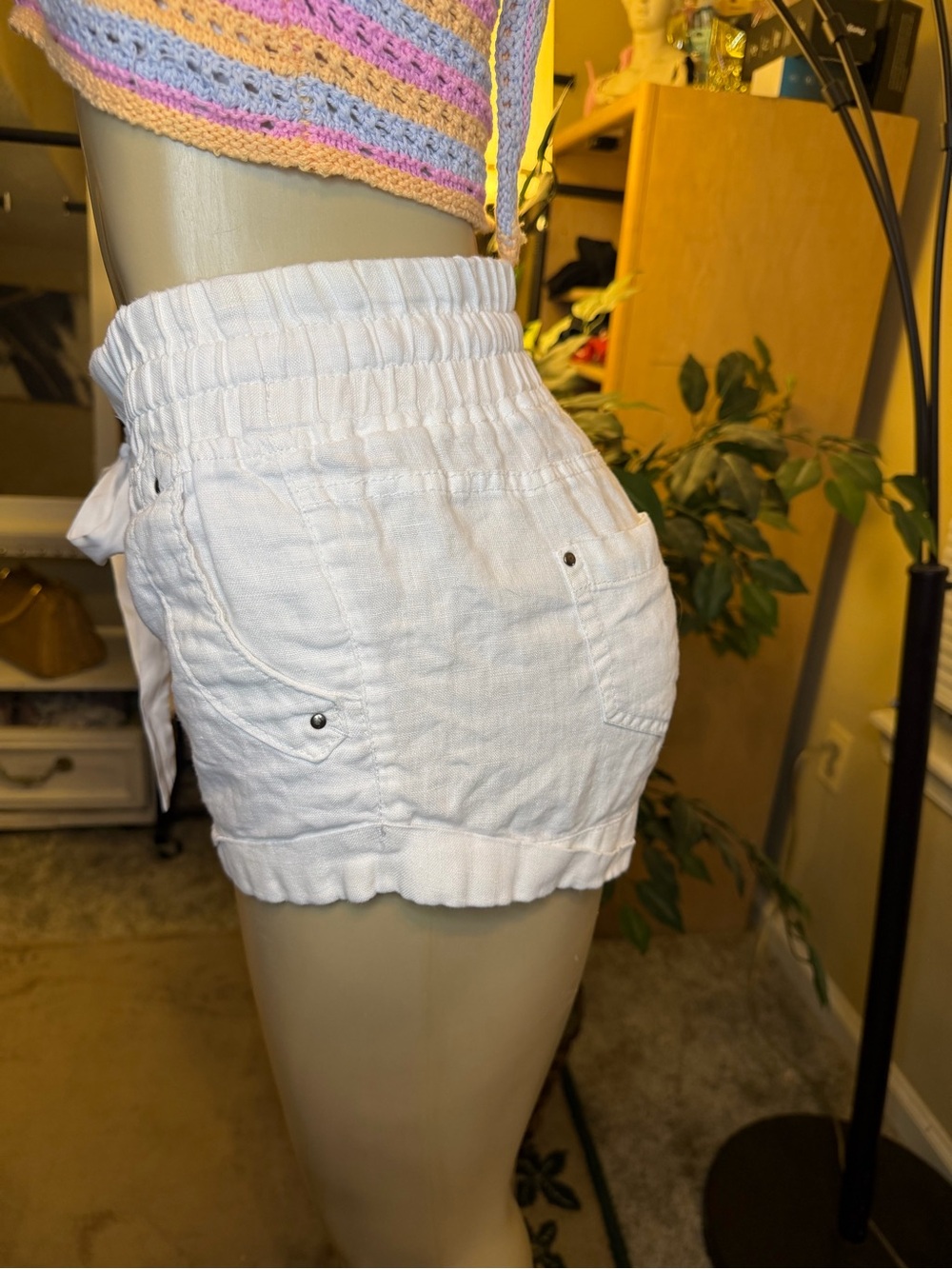 BEBE White Linen Blend Drawstring Beach Casual Shorts Size S - Picture 3 of 8